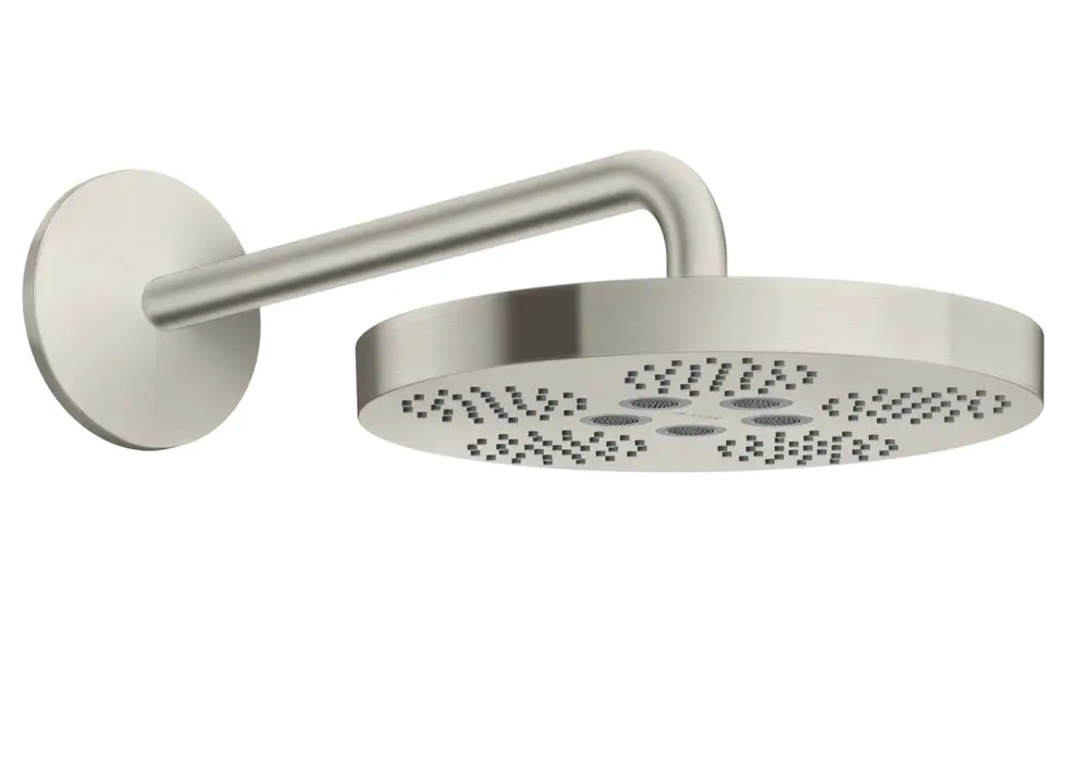 Edelstahlduschkopf von AXOR mit rundem Design und mehreren Düsen, montiert an einem schlichten Wandarm, der eine moderne Badezimmeroptik unterstützt.
